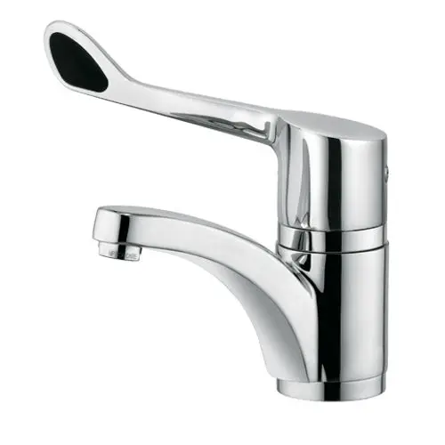Ein glänzender, chromfarbener Waschtisch-Armhebel von Kludi mit einer langen Hebelarm und einem geschwungenen Auslauf. Ideal für den Einsatz in Badezimmern.